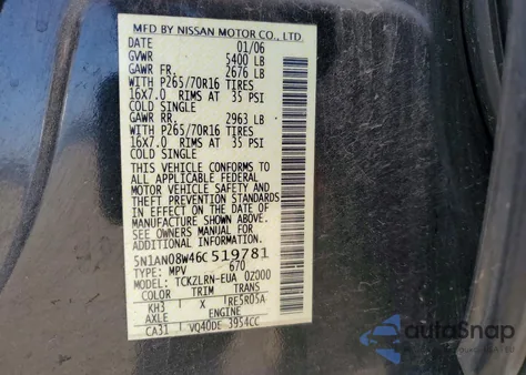 2006 Nissan Xterra Off Road z USA, uszkodzony, nr VIN 5N1AN08W46C519781